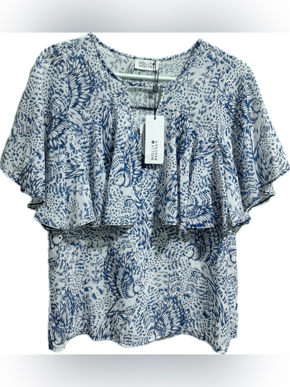 Molly Bracken Blue & White Bird-Print Ruffle Sleeve Blouse